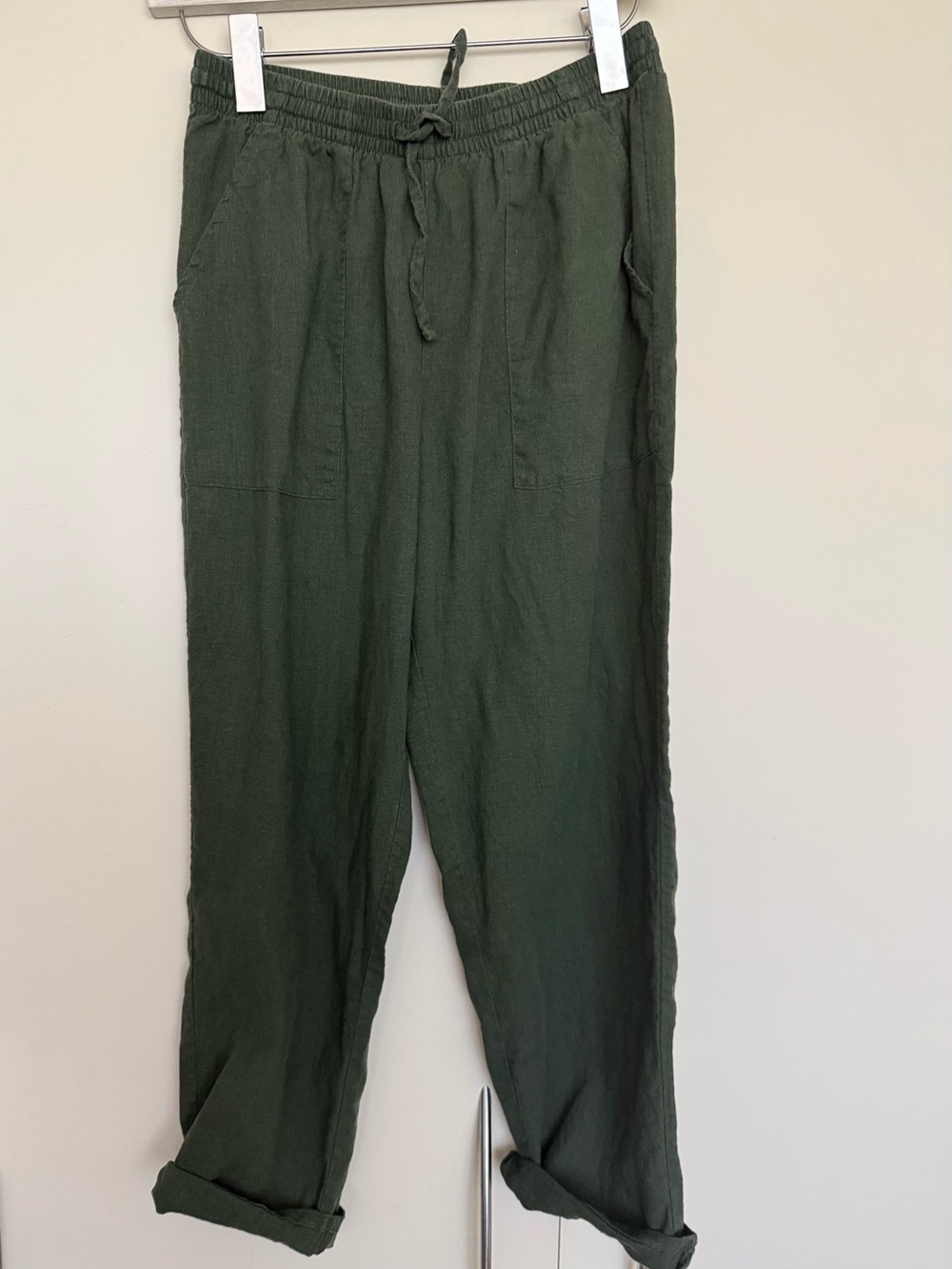 Calzedonia Linen Barrel Drop Carrot Army Green Easy Pants Pull on Drawstring M